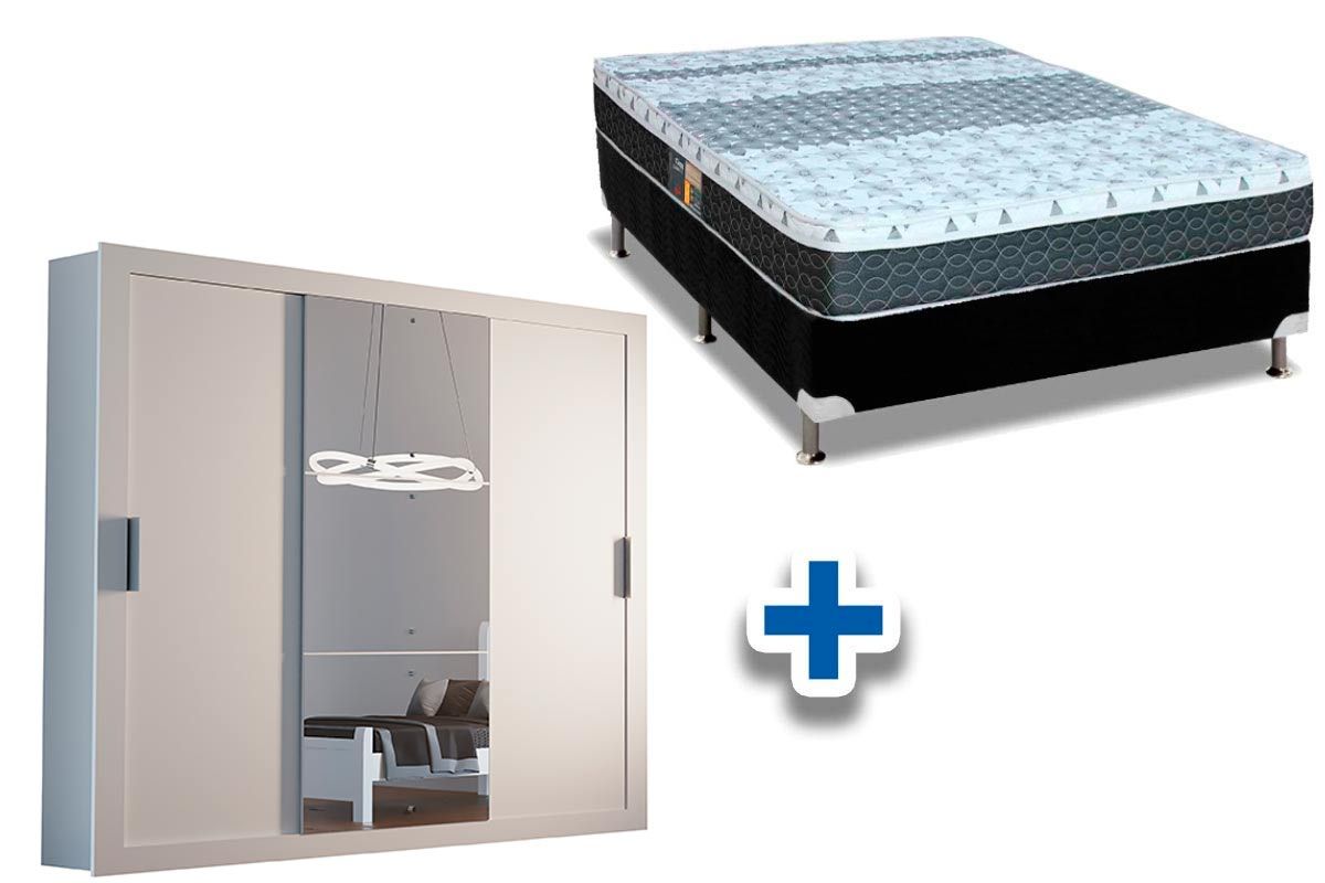 Cama Box Casal + Colchão Class Castor + Guarda Roupa Veneza Luxo