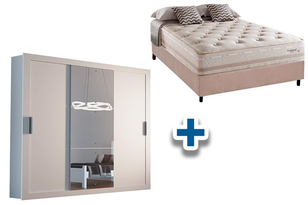 Cama Box Casal + Colchão Scotland Herval + Guarda Roupa Veneza Luxo
