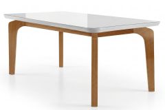 Mesa Jantar Londrina c/Tampo MDF/Vidro 120cm Rufato - Madeirado c/Vidro Canto Curvo - Imbuia/Off White