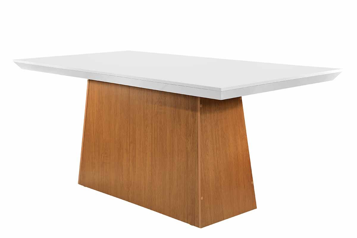 Mesa Jantar Luna c/Tampo MDF/Vidro 180cm RufatoMadeirado c/Vidro Canto Curvo - Imbuia/Ripado 3D/Off White
