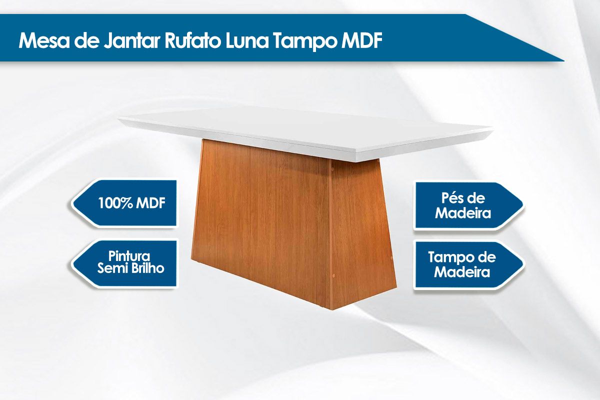 Mesa Jantar Luna c/Tampo MDF/Vidro 180cm Rufato