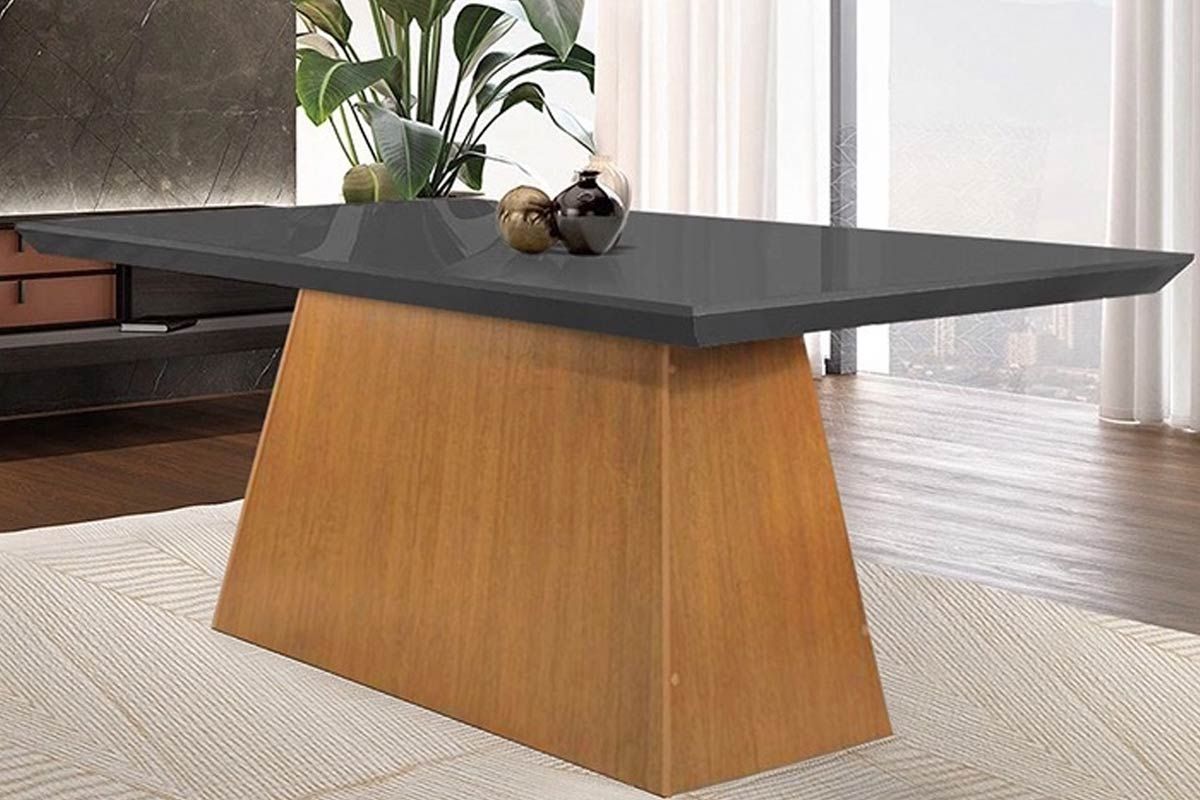 Mesa Jantar Luna c/Tampo MDF/Vidro 180cm RufatoMadeirado c/Vidro Canto Curvo - Imbuia/Ripado 3D/Grafite Mesa Jantar Luna c/Tampo MDF/Vidro 180cm RufatoMadeirado c/Vidro Canto Curvo - Imbuia/Ripado 3D/Grafite