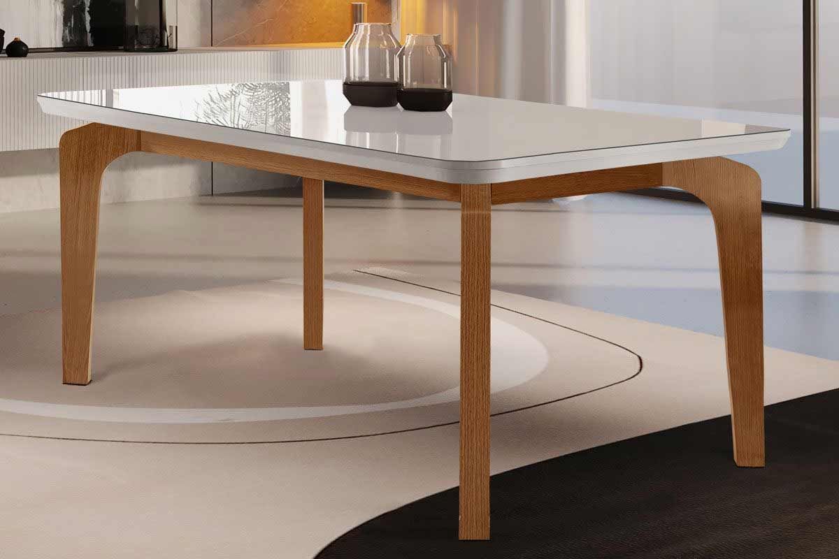 Mesa Jantar Londrina c/Tampo MDF/Vidro 180cm RufatoMadeirado c/Vidro Canto Curvo - Naturale/Off White Mesa Jantar Londrina c/Tampo MDF/Vidro 180cm RufatoMadeirado c/Vidro Canto Curvo - Naturale/Off White