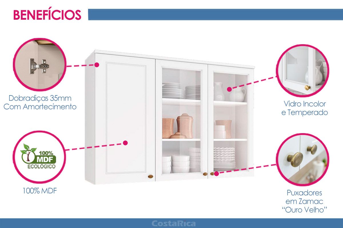 Armário Aéreo Cozinha Henn Americana c/3 Portas c/Vidro 120cm Armário Aéreo Cozinha Henn Americana c/3 Portas c/Vidro 120cm
