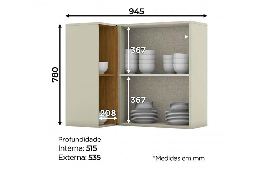 Armário Aéreo Cozinha Henn Essência Canto Reto c/1 Porta e 2 Nichos 94cm