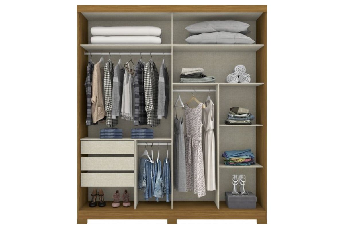 Guarda Roupa Casal 2 Portas de Correr (1 c/Espelho) e 3 Gavetas c/Pés Verg Henn