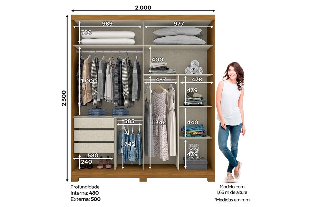 Guarda Roupa Casal 2 Portas de Correr (1 c/Espelho) e 3 Gavetas c/Pés Verg Henn