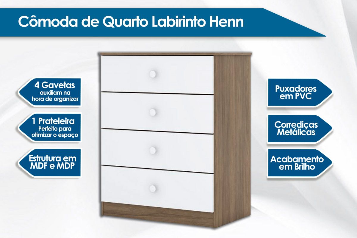 Cômoda de Quarto Labirinto c/ 4 Gavetas - Henn