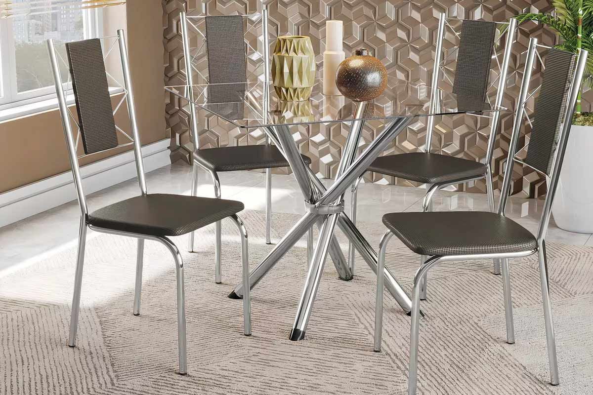 Sala Jantar Mesa Volga c/ Tampo de Vidro 90cm e 4 Cadeiras Lisboa - Kappesberg