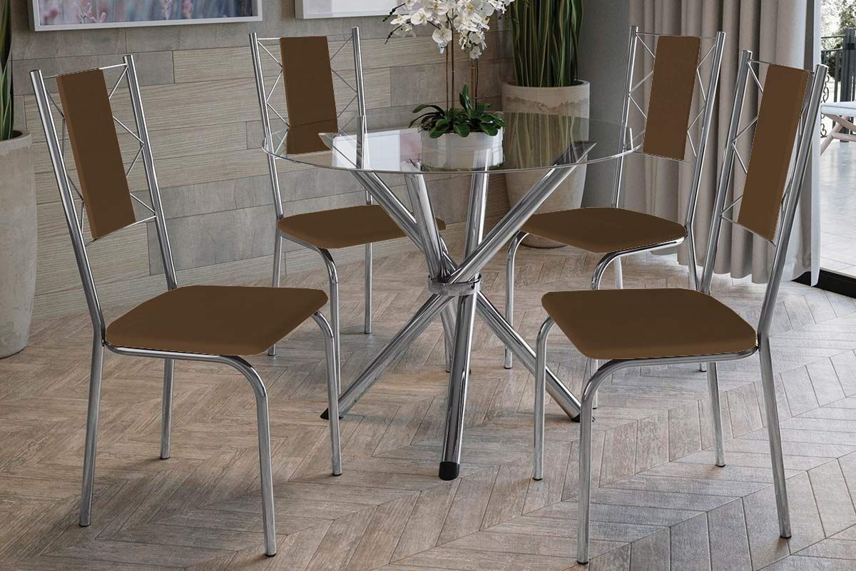 Sala Jantar Mesa Volga c/Tampo de Vidro 95cm + 4 Cadeiras Lisboa - Kappesberg