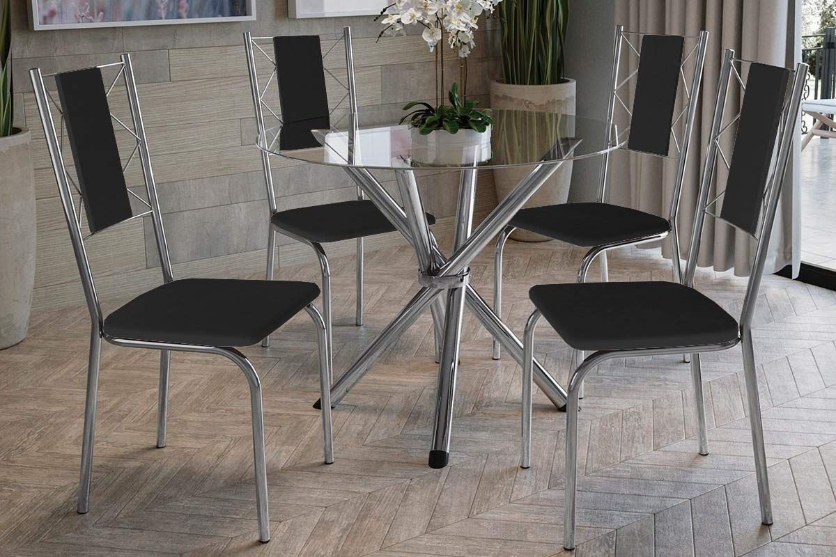 Sala Jantar Mesa Volga c/Tampo de Vidro 95cm + 4 Cadeiras Lisboa - Kappesberg