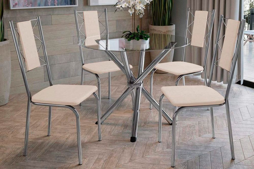 Sala Jantar Mesa Volga c/Tampo de Vidro 95cm + 4 Cadeiras Lisboa - Kappesberg