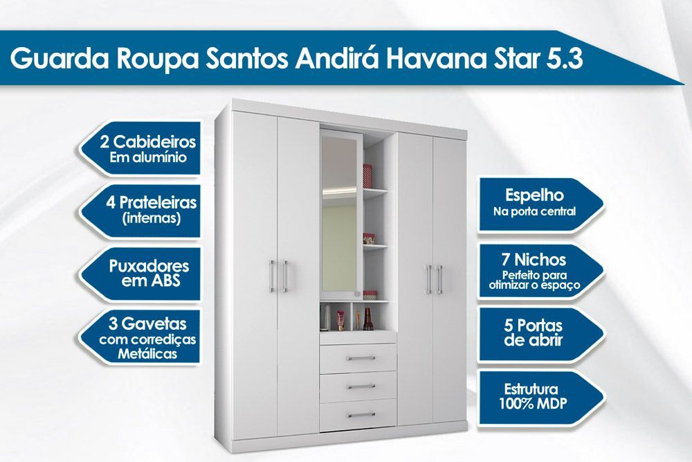 Guarda Roupa Solteiro 5 Portas e 3 Gavetas Havana Star 5.3 S. Andirá