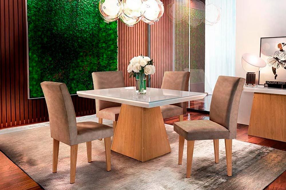 Sala de Jantar Completa Luna Tampo Madeirado c/ Vidro Canto Reto 120x80cm e 4 Cadeiras Grécia - Rufato