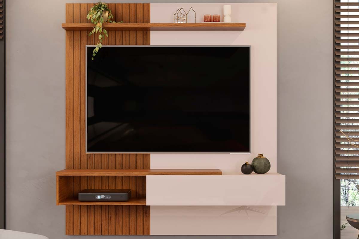 Painel Home p/ TV até 65 Pol Tito Ripado c/1 Porta 150x164cm DJ MóveisOff White/Freijó