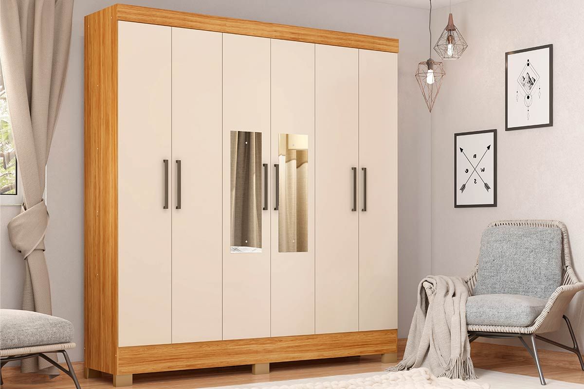 Guarda Roupa Casal 6 Portas (2 c/Espelho) e 3 Gavetas Prático DemóbileCinamon/Off White