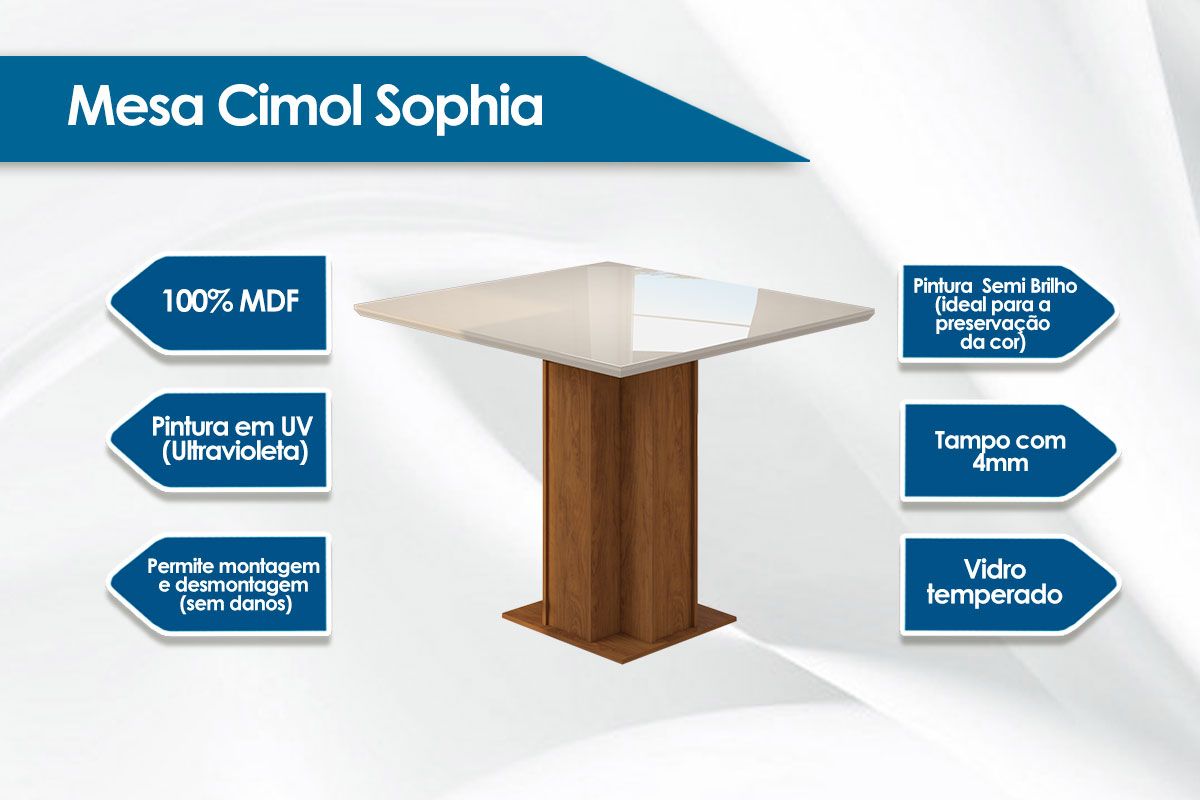 Mesa Jantar Sophia c/Tampo Madeirado c/Vidro 95X95cm Cimol