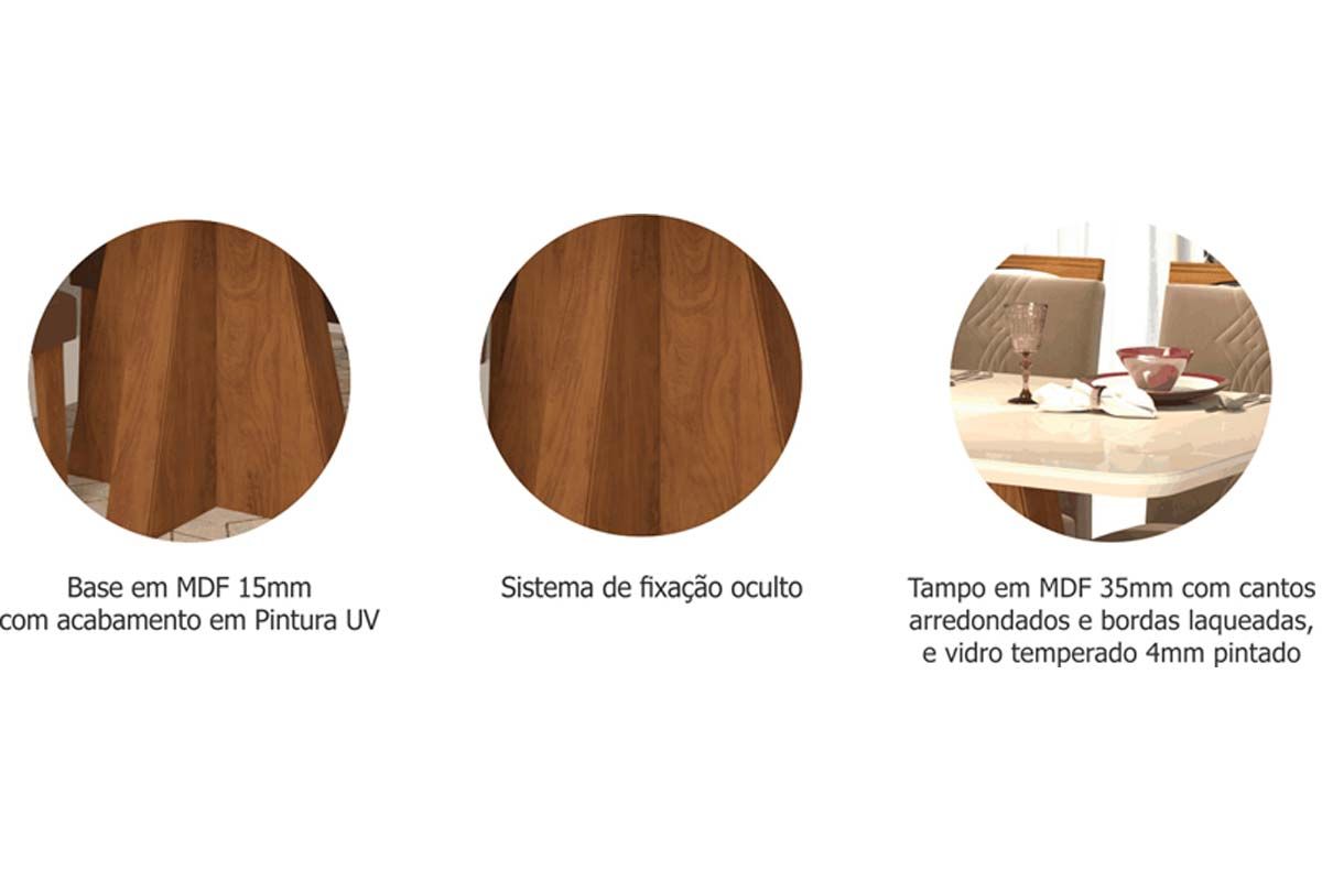 Sala Jantar Mesa Maitê c/ Tampo Madeirado c/ Vidro Canto Curvo 160x80cm e 6 Cadeiras Paola - Cimol