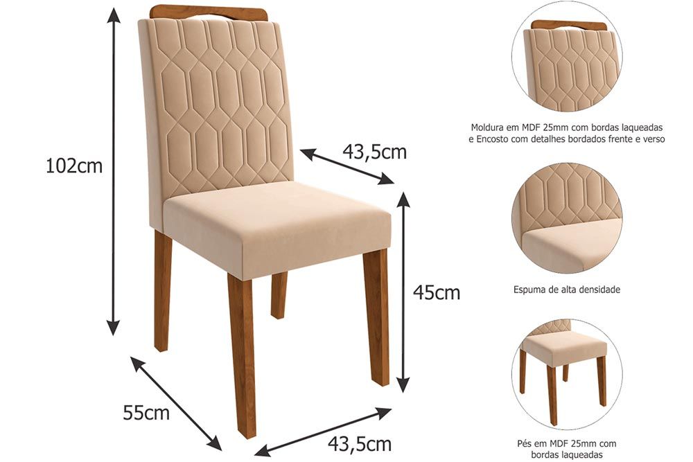 Sala Jantar Mesa Maitê c/ Tampo Madeirado c/ Vidro Canto Curvo 160x80cm e 6 Cadeiras Paola - Cimol