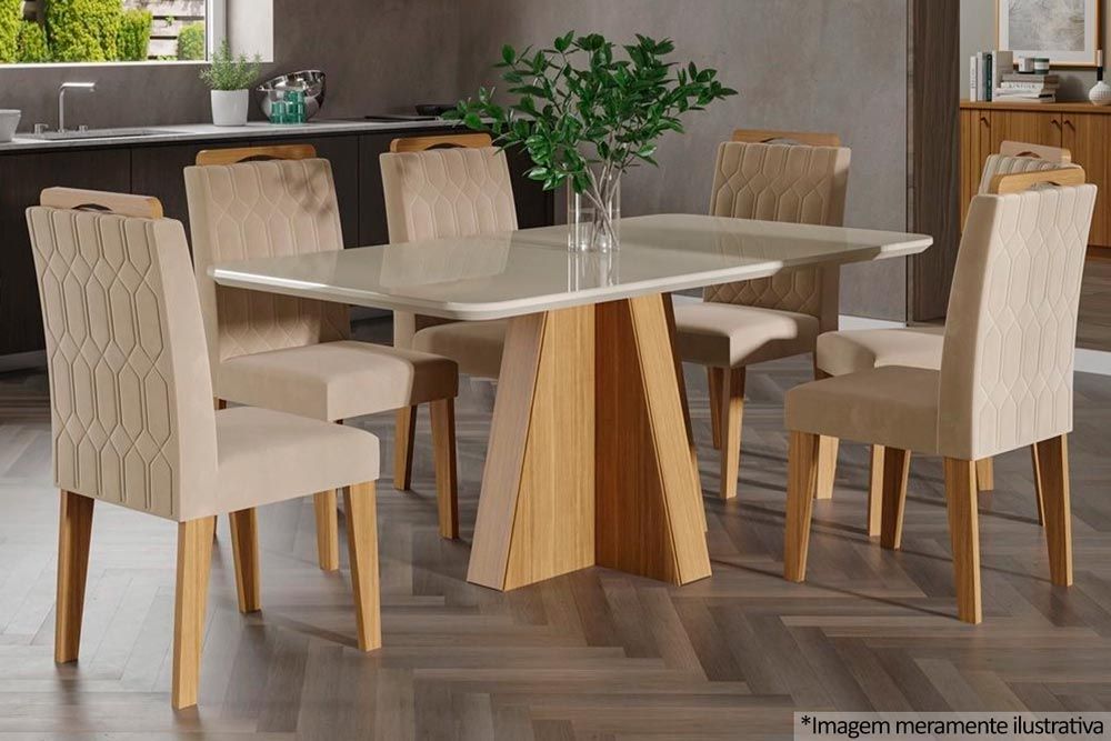 Sala Jantar Mesa Maitê c/ Tampo Madeirado c/ Vidro Canto Curvo 160x80cm e 6 Cadeiras Paola - Cimol