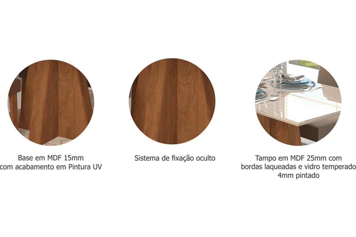Sala Jantar Mesa Patricia c/ Tampo Madeirado c/ Vidro Canto Reto 160x80cm e 6 Cadeiras Taís - Cimol