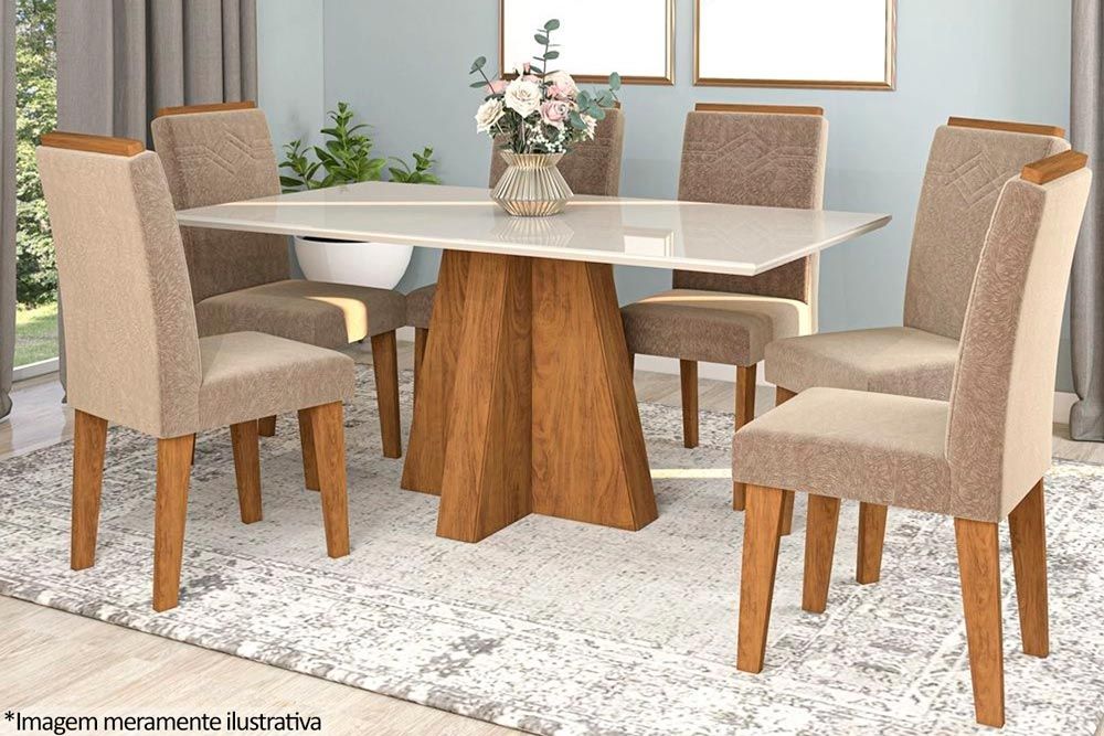 Sala Jantar Mesa Patricia c/ Tampo Madeirado c/ Vidro Canto Reto 160x80cm e 6 Cadeiras Taís - Cimol
