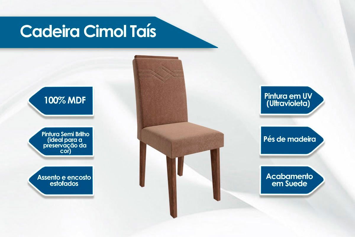 Sala Jantar Mesa Patricia c/ Tampo Madeirado c/ Vidro Canto Reto 160x80cm e 6 Cadeiras Taís - Cimol
