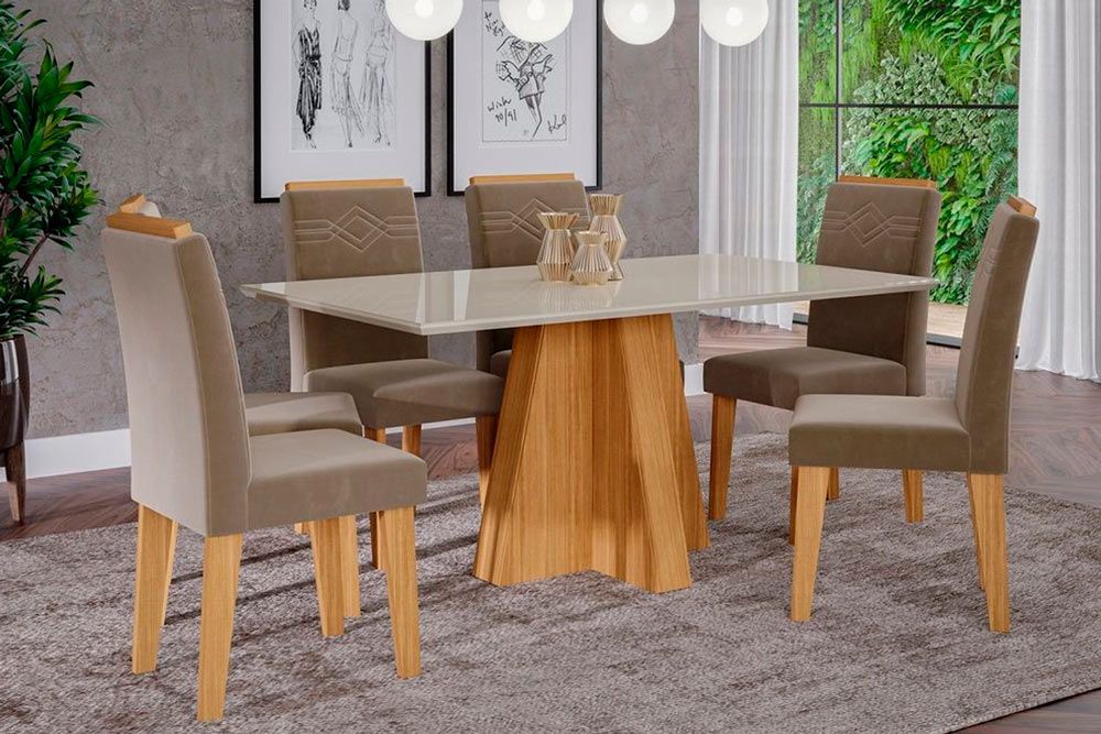 Sala Jantar Mesa Patricia c/ Tampo Madeirado c/ Vidro Canto Reto 160x80cm e 6 Cadeiras Taís - Cimol
