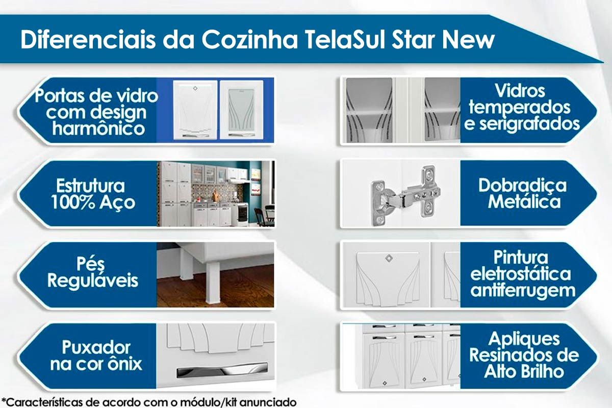 Armário Aéreo Cozinha Telasul Star New Aço c/3 Portas c/Vidro 120cm Armário Aéreo Cozinha Telasul Star New Aço c/3 Portas c/Vidro 120cm