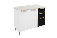Balcão Cozinha Bertolini c/Tampo Colors 6114 c/3 Portas e 2 Gavetas 105cm - Branco/Preto