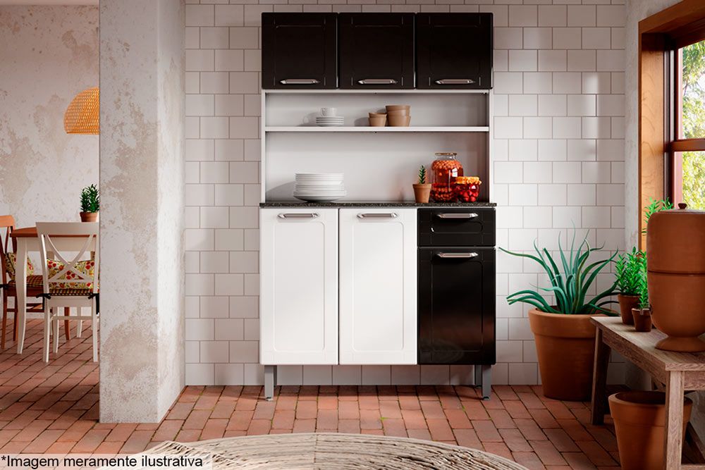 Cozinha Compacta Bertolini Dona Maria c/6 Portas e 1 Gaveta 105cmBranco/Preto Cozinha Compacta Bertolini Dona Maria c/6 Portas e 1 Gaveta 105cmBranco/Preto