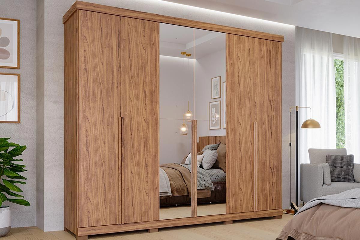 Guarda Roupa Casal 6 Portas (2 c/Espelho) e 6 Gavetas c/Pés Guarapari PananCinamomo