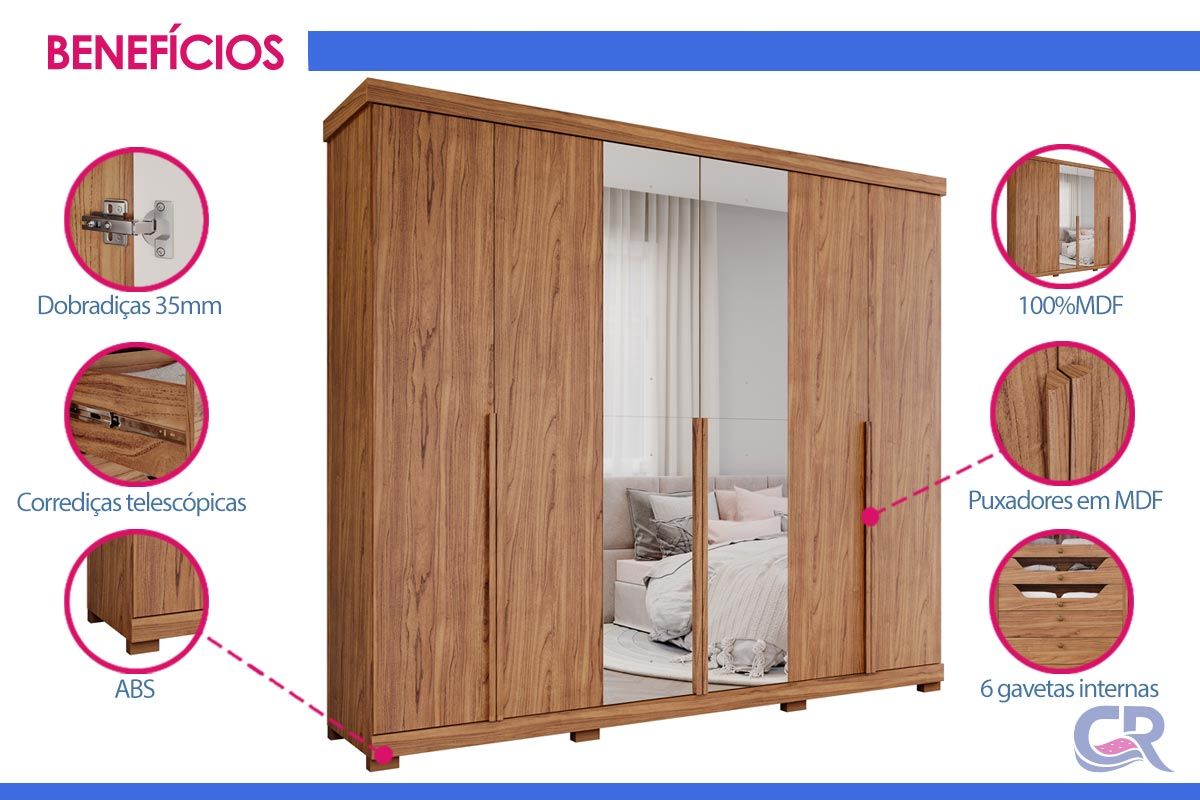 Guarda Roupa Casal 6 Portas (2 c/Espelho) e 6 Gavetas c/Pés Guarapari Panan Guarda Roupa Casal 6 Portas (2 c/Espelho) e 6 Gavetas c/Pés Guarapari Panan
