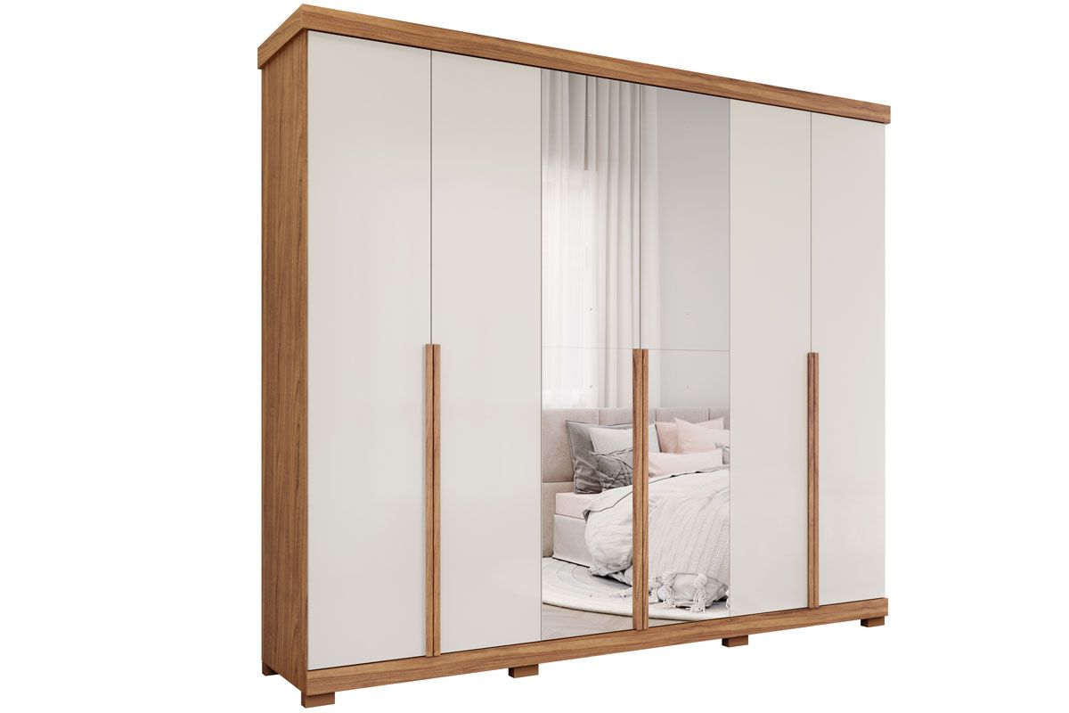 Guarda Roupa Casal 6 Portas (2 c/Espelho) e 6 Gavetas c/Pés Guarapari PananCinamomo/Off  White