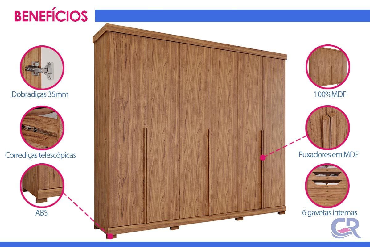 Guarda Roupa Casal 6 Portas e 6 Gavetas c/Pés Guarapari Panan
