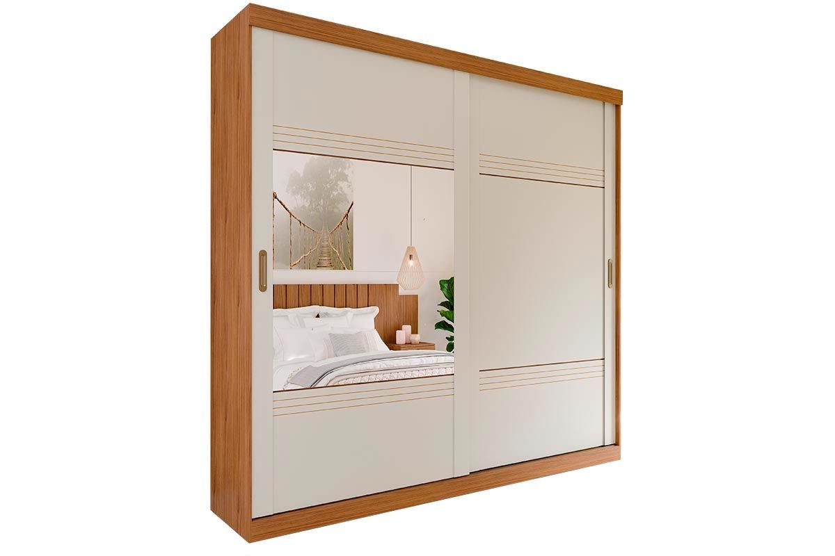 Guarda Roupa Casal 2 Portas de Correr c/Espelho e 4 Gavetas Blumenau PananCinamomo/Off White Guarda Roupa Casal 2 Portas de Correr c/Espelho e 4 Gavetas Blumenau PananCinamomo/Off White