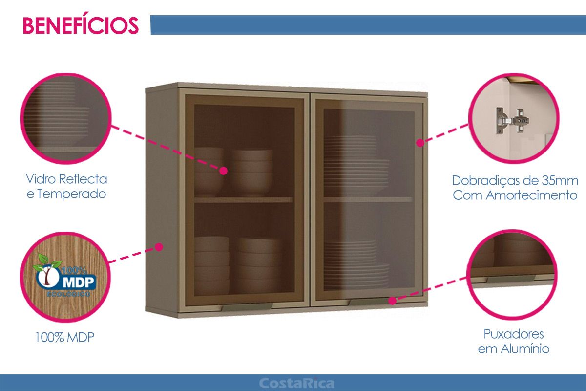 Armário Aéreo Cozinha Henn Connect c/2 Portas c/Vidro 80cm