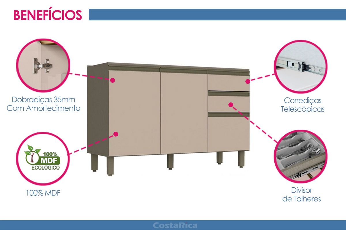 Balcão Cozinha Henn Connect c/3 Portas 2Gavs 120cm Balcão Cozinha Henn Connect c/3 Portas 2Gavs 120cm