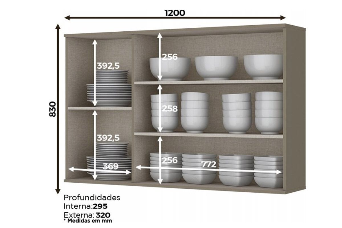 Armário Aéreo Cozinha Henn Connect c/3 Portas c/Vidro 120cm