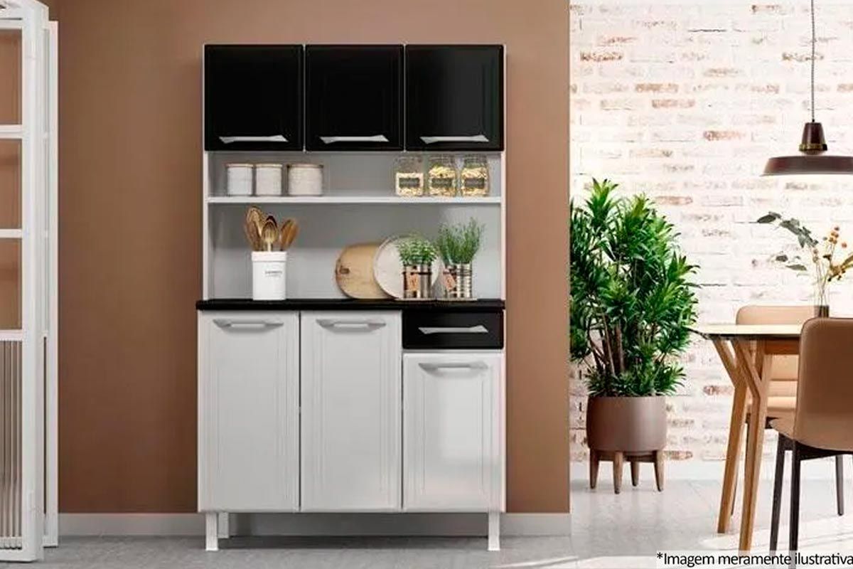 Cozinha Compacta Telasul Kit Topázio Smart Aço c/6 Portas e 1 Gaveta 105cmBranco/Preto
