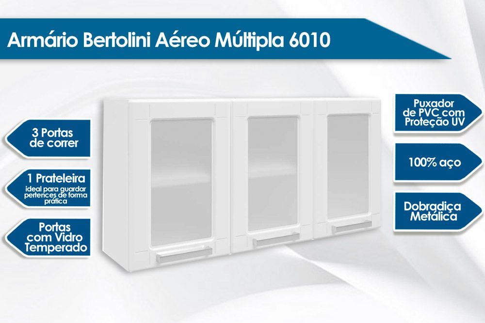 Armário Aéreo Cozinha Bertolini Múltipla 6010 c/3 Portas c/Vidro 105cm