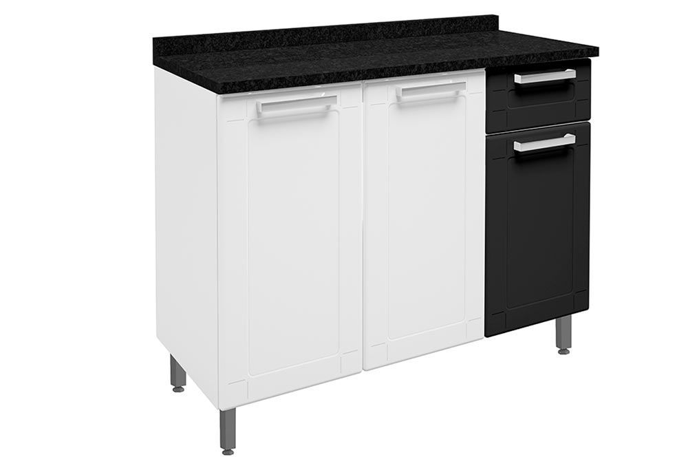 Balcão Cozinha Bertolini c/Tampo Múltipla 6112 c/3 Portas e 1 Gaveta 105cmBranco/Preto