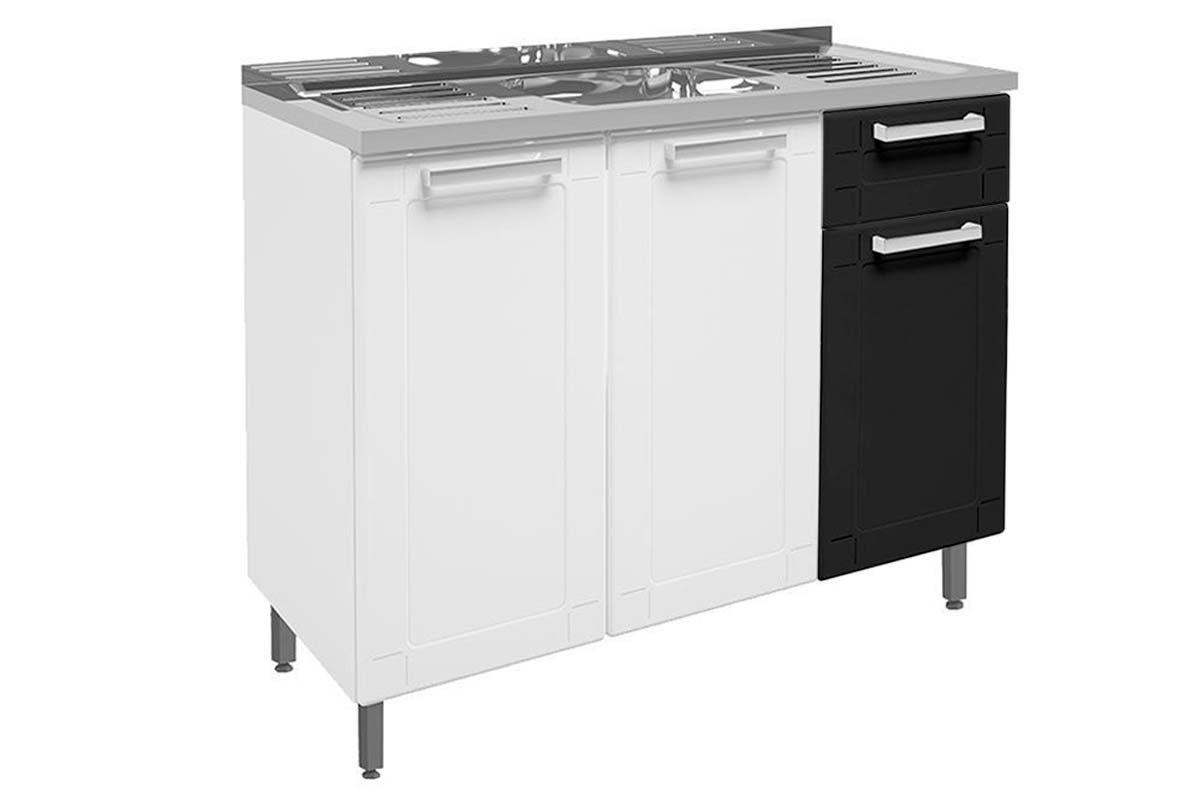 Balcão Cozinha Bertolini c/Pia Múltipla c/3 Portas e 1 GavetaBranco/Preto