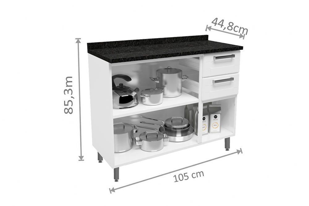 Balcão Cozinha Bertolini c/Tampo Múltipla 6114 c/3 Portas e 2 Gavetas 105cm