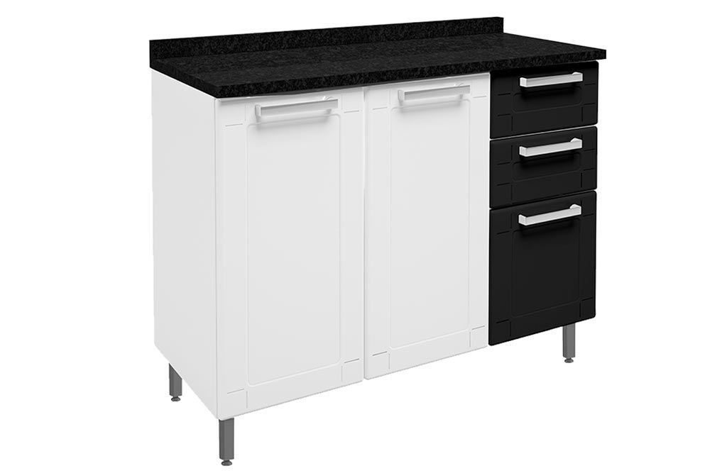 Balcão Cozinha Bertolini c/Tampo Múltipla 6114 c/3 Portas e 2 Gavetas 105cmBranco/Preto
