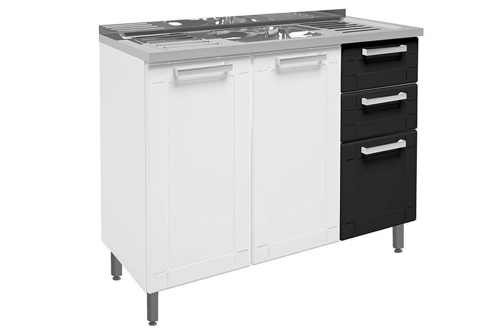 Balcão Cozinha Bertolini c/Pia Múltipla 6015 c/3 Portas 2 Gavetas 105cmBranco/Preto