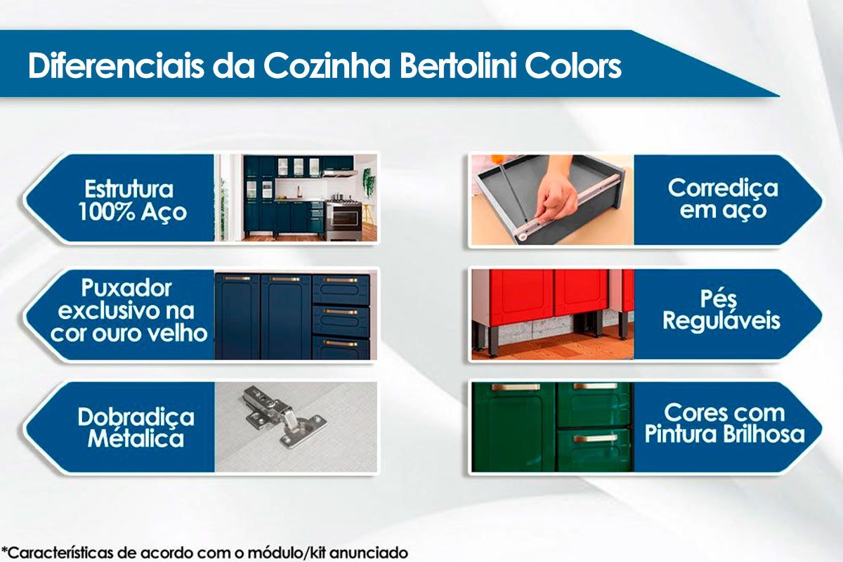 Balcão Cozinha Bertolini c/Tampo Colors 6114 c/3 Portas e 2 Gavetas 105cm Balcão Cozinha Bertolini c/Tampo Colors 6114 c/3 Portas e 2 Gavetas 105cm