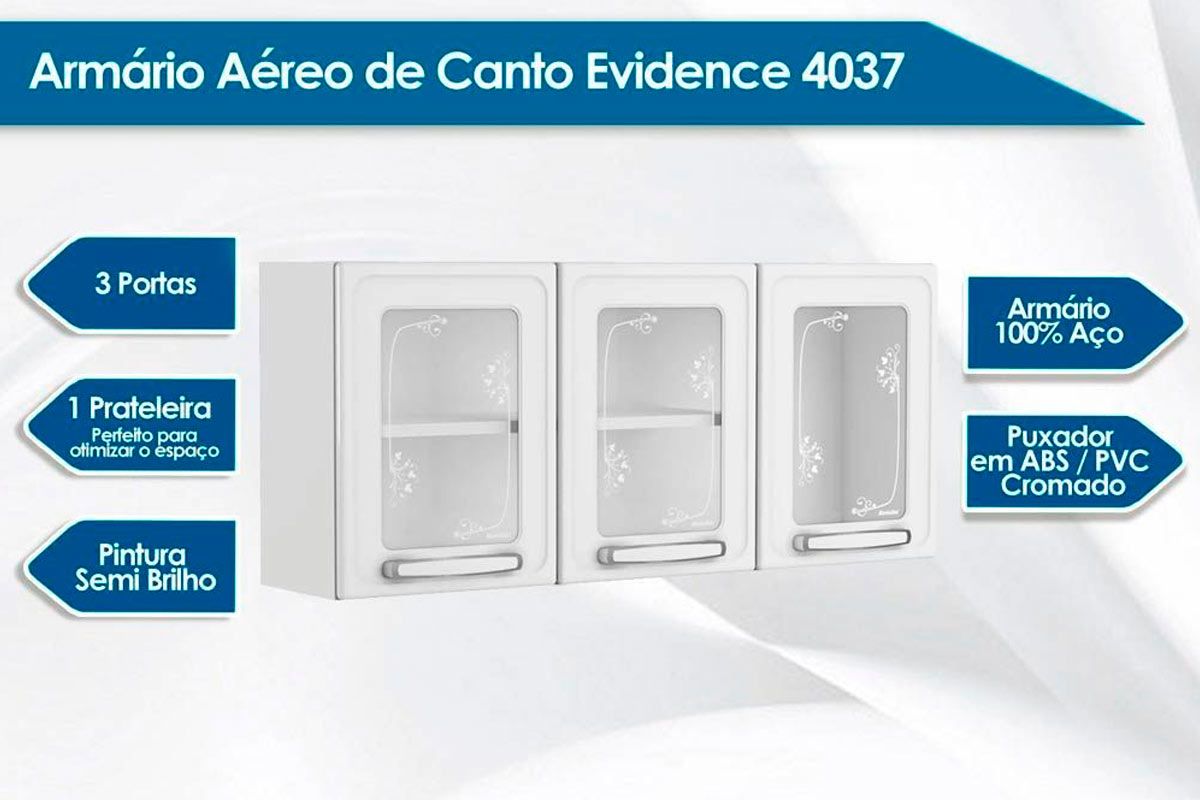 Armário Aéreo Cozinha Bertolini Evidence 7009 c/3 Portas c/Vidro 120cm Armário Aéreo Cozinha Bertolini Evidence 7009 c/3 Portas c/Vidro 120cm