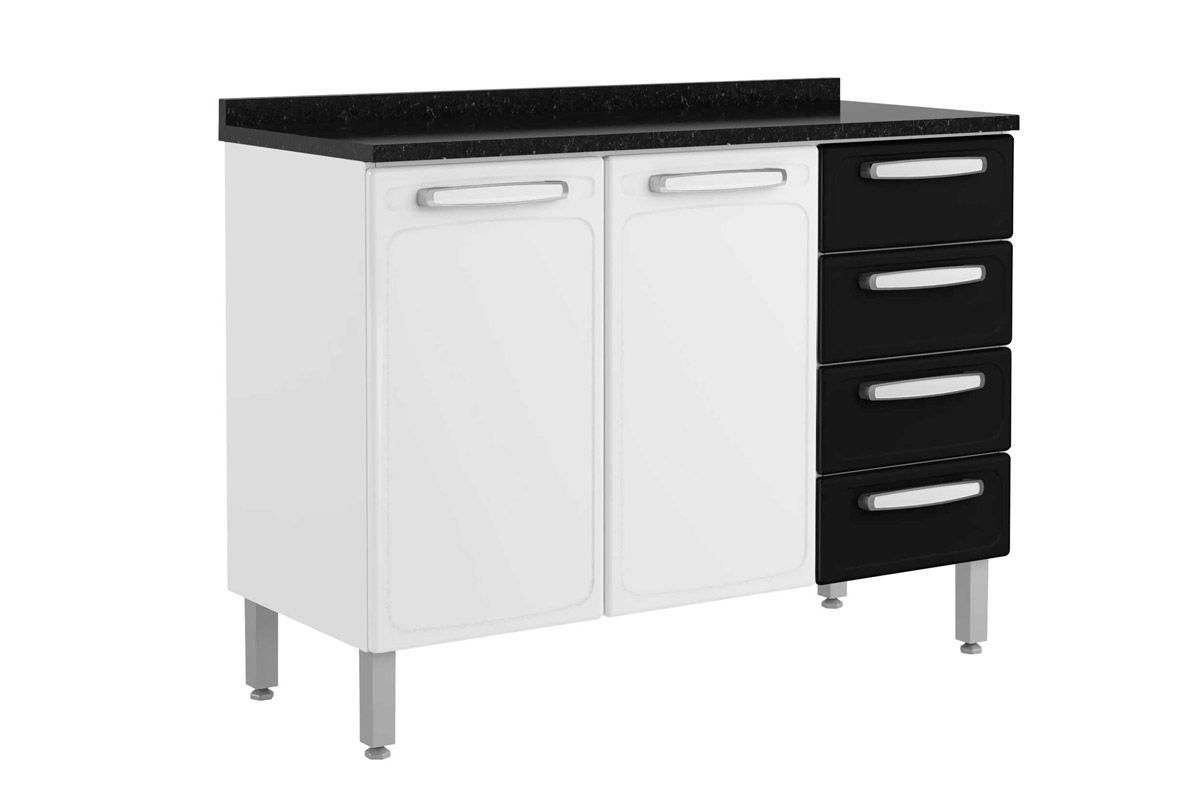 Balcão Cozinha Bertolini c/Tampo Evidence 7126 c/2 Portas e 4 Gavetas 120cmBranco/Preto