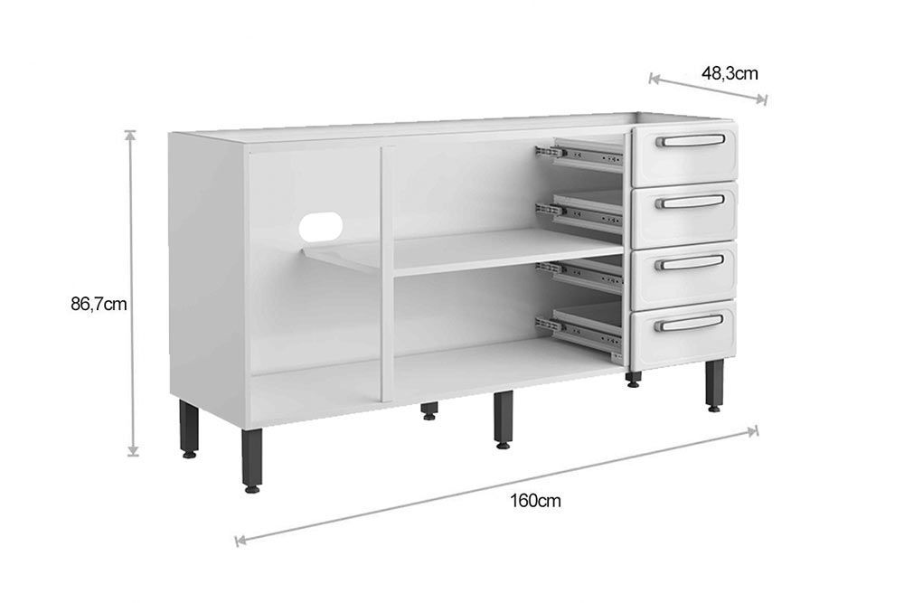 Balcão Cozinha Bertolini Evidence 7028 c/3 Portas e 4 Gavetas s/ Tampo 160cm